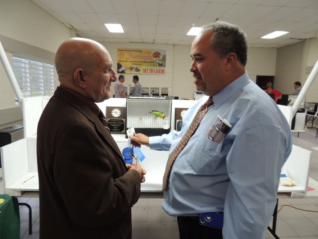 Judges Luis Ocasio and Jose Ravelo discussing which bird will win Best in Show. Jueces Luis Ocasio y Jose Ravelo conparando y decidiendo cual ave ganara el Mejor ave del Dia. Courtesy Marilena Salmones