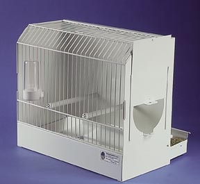 14" Long x 7" Wide x 12" High 1/2 inch bar spacing Handles on top 2 wooden perches Tray removes from back Does not include water container shown on picture White Gloss, powder-coated, Non-toxic Side of cage has removable door for easy access into cage